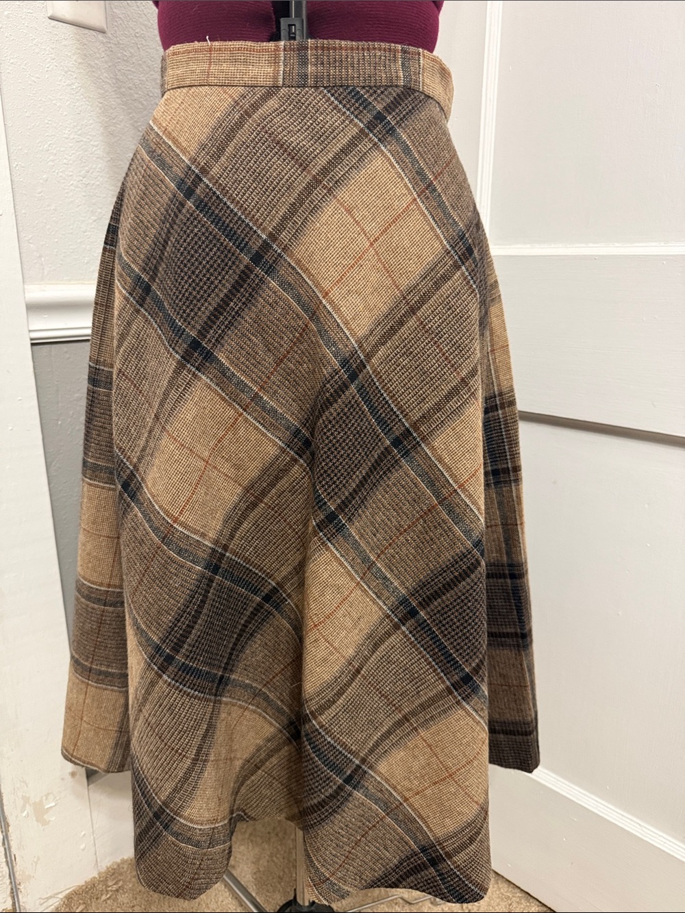 Womens Tan Plaid Midi Skirt